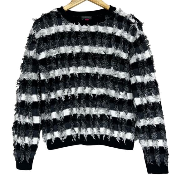 Vince Camuto Fuzzy Sweater Womens M Black White Textured Striped 90s Retro Y2K - Picture 2 of 7